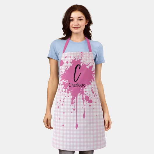 Mooie pastelroze gingham schort (Gedragen)