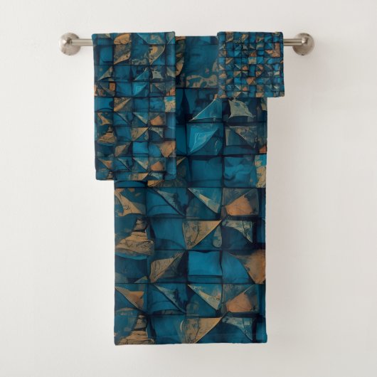 Mooie patchwork "look" in donker turquoise bad handdoek (Insitu)