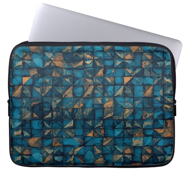 Mooie patchwork "look" in donker turquoise laptop sleeve (Voorkant)