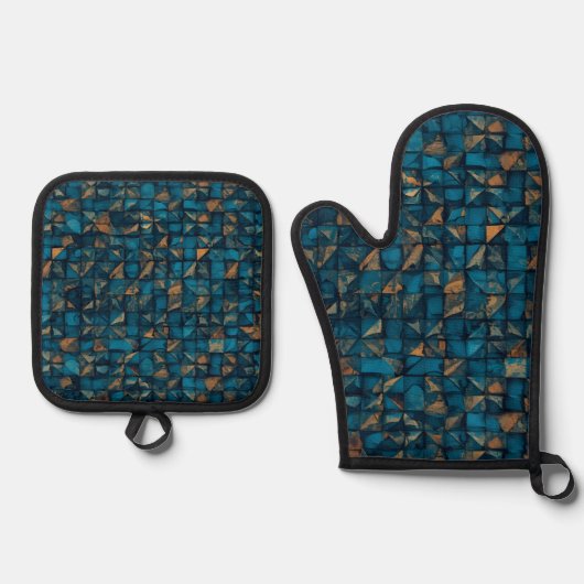 Mooie patchwork "look" in donker turquoise ovenwant & pannenlap set (Voorkant)