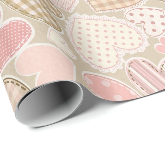 Mooie Patchwork Roze Harten & Bogen Girly Cadeaupapier (Rol Hoek)