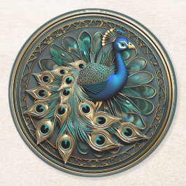 Mooie Pauw Blauwe Gouden Turkoois Art Deco   Ronde Kartonnen Onderzetter