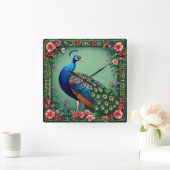 Mooie pauw bloemenachtergrond vierkante klok (Huis)