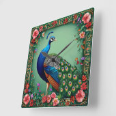 Mooie pauw bloemenachtergrond vierkante klok (Hoek)