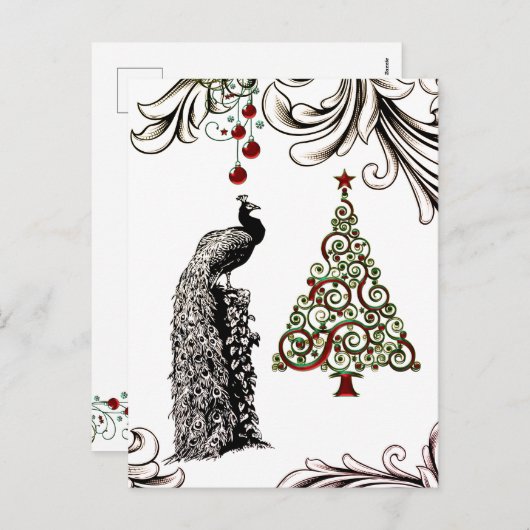 Mooie pauw en kerstboom feestdagenkaart (Voorkant / Achterkant)