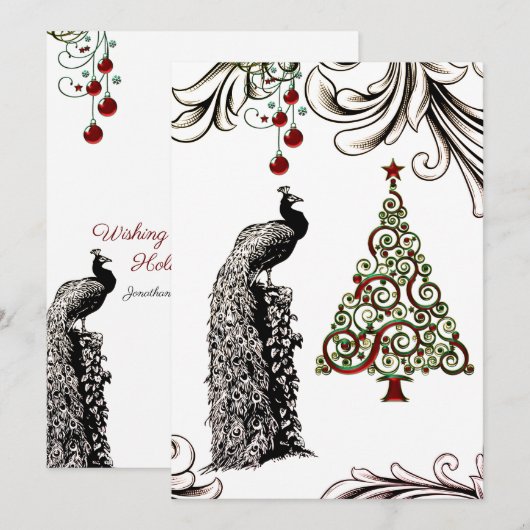 Mooie pauw en kerstboom flat feestdagenkaart (Voorkant / Achterkant)