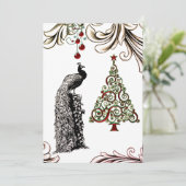 Mooie pauw en kerstboom flat feestdagenkaart (Staand voorkant)