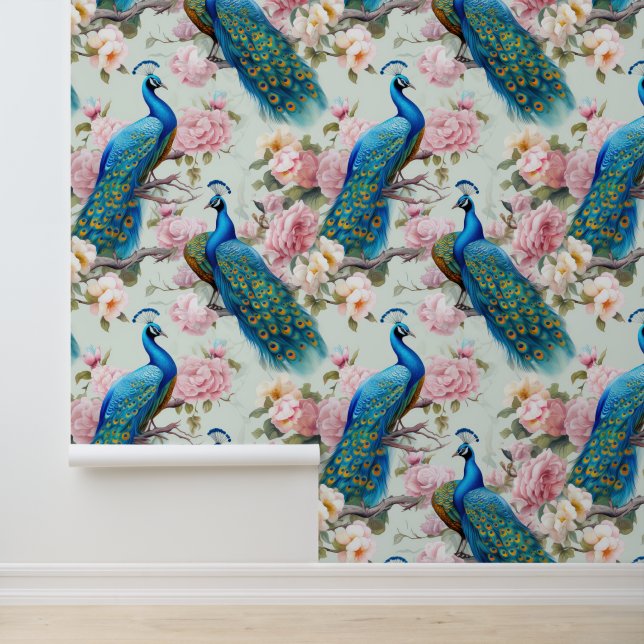 Mooie pauwen roze bloemen schillen en stok behang (Applicatie)