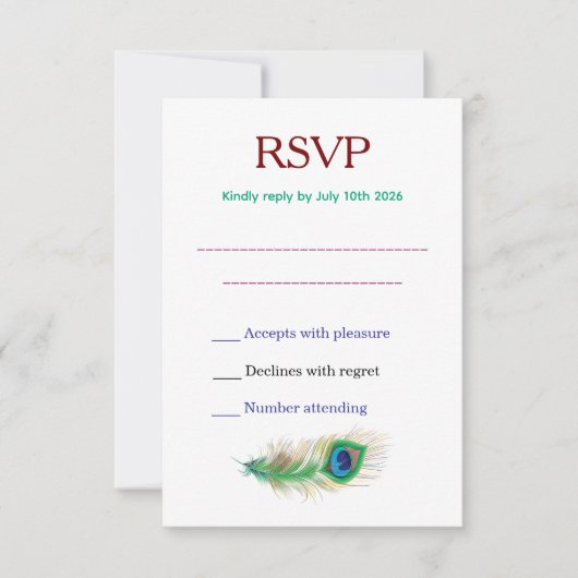 Mooie Pauwveer Bruiloft RSVP Kaartje (Voorkant)