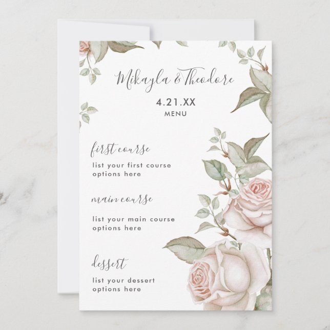 Mooie Peach Blush Rozen Wedding Menu (Voorkant)