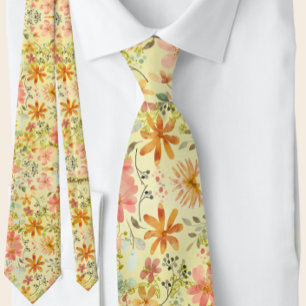 Mooie Peach Gele Zomer Bloemen Waterverf Stropdas