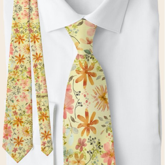 Mooie Peach Gele Zomer Bloemen Waterverf Stropdas