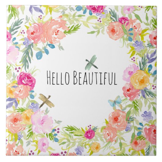 Mooie Peach Pink Gold Yellow Waterverf Floral Tegeltje (Voorkant)