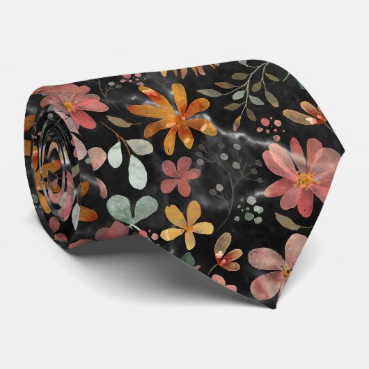 Mooie Peach Zwarte Zomer Bloemen Waterverf Stropdas (Opgerold)