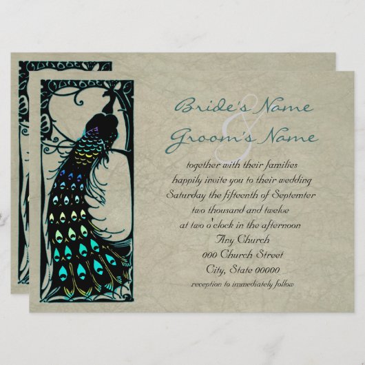 Mooie  Peacock Art Nouveau bruiloft Kaart (Voorkant / Achterkant)