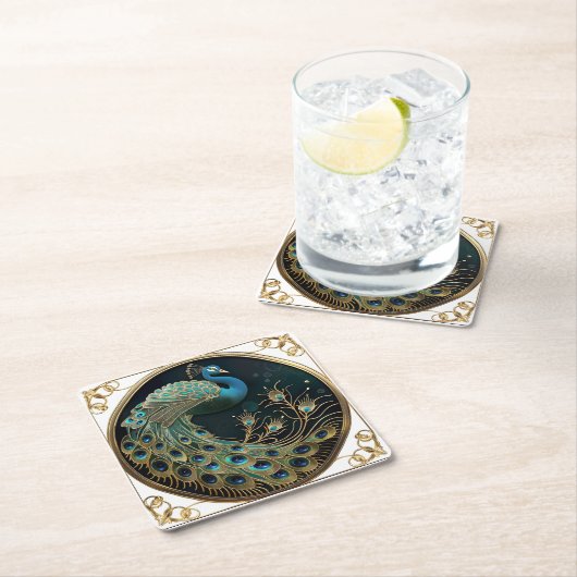 Mooie Peacock Blauw Goud Turquoise Art Deco Kartonnen Onderzetters (Insitu)