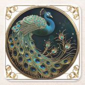Mooie Peacock Blauw Goud Turquoise Art Deco Kartonnen Onderzetters (Voorkant)