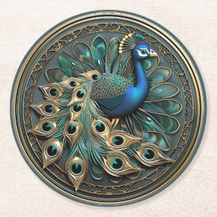 Mooie Peacock Blauw Goud Turquoise Art Deco Ronde Kartonnen Onderzetter
