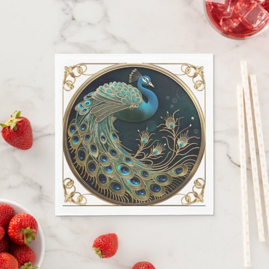 Mooie Peacock Blauw Goud Turquoise Art Deco Servet (Insitu)