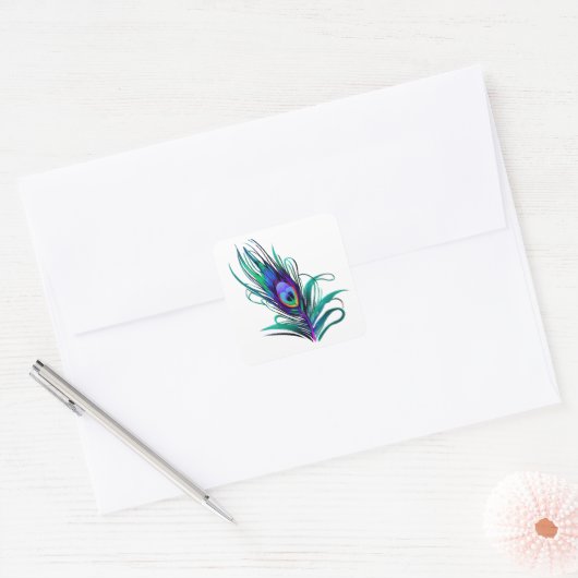 Mooie Peacock Feather Vierkante Sticker (Envelop)