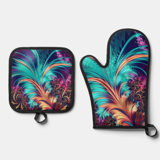 Mooie Peacock Feathers Ovenwant & Pannenlap Set (Voorkant)