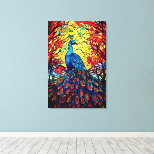 Mooie Peacock Glas in lood Wildlife Art Canvas Afdruk (Insitu (Houten vloer))