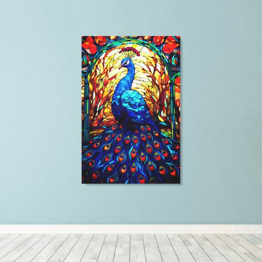Mooie Peacock Glas in lood Wildlife Art Canvas Afdruk (Insitu (Houten vloer))