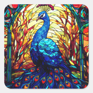 Mooie Peacock Glas in lood Wildlife Art Vierkante Sticker