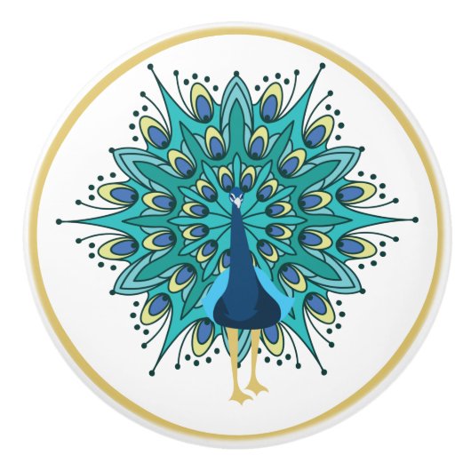 Mooie Peacock in blauw Blauwgroen goud Keramische Knop (Voorkant)