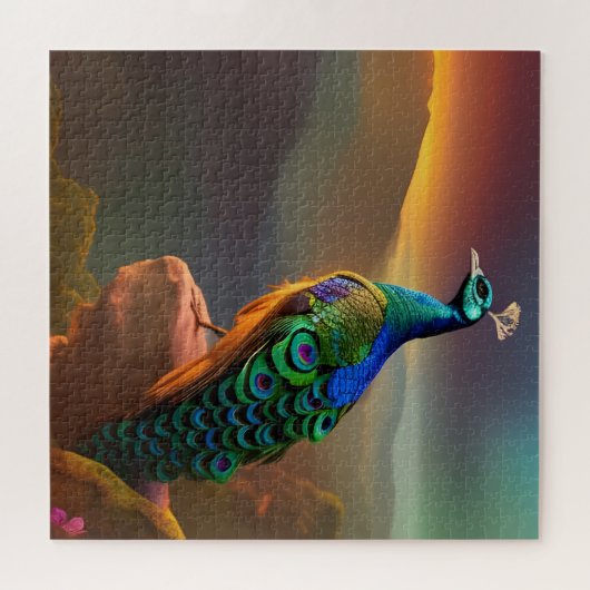 Mooie Peacock is verheugd over de dag Legpuzzel (Horizontaal)