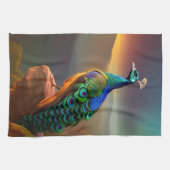 Mooie Peacock is verheugd over de dag Theedoek (Horizontaal)