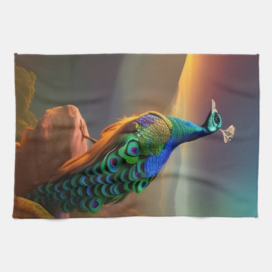 Mooie Peacock is verheugd over de dag Theedoek (Horizontaal)