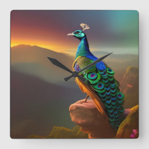 Mooie Peacock is verheugd over de dag Vierkante Klok