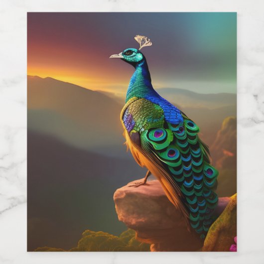 Mooie Peacock is verheugd over de dag Wijn Etiket (Enkel label)