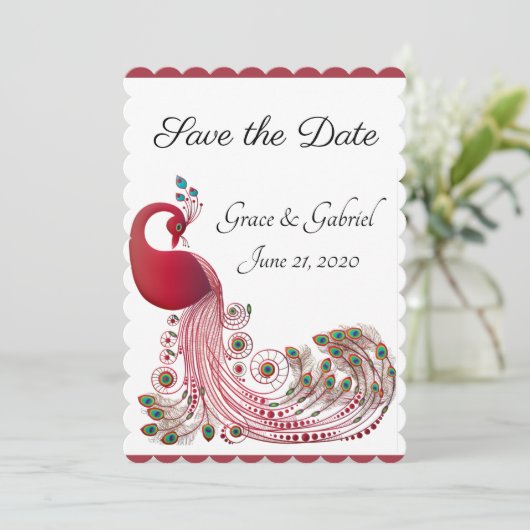 Mooie Peacock Save The Date (Staand voorkant)