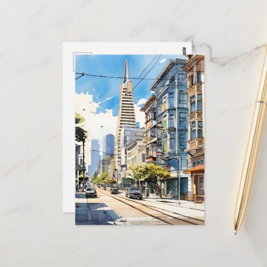 Mooie pen en inkt schets van San Francisco Briefkaart (Voorkant / Achterkant in situ)