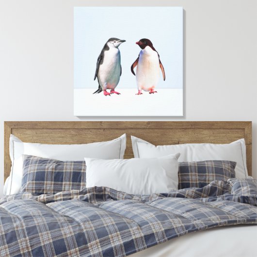Mooie Penguin Couple op Light Periwinkle Blue Canvas Afdruk (Insitu (Slaapkamer))