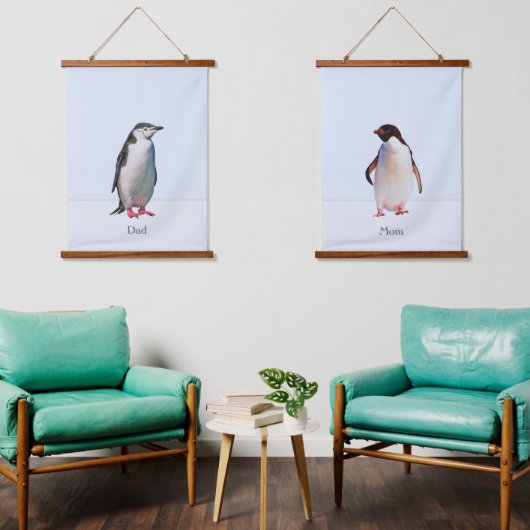 Mooie Penguin Couple op Light Periwinkle Blue Hangend Wandkleed (Woonkamer)