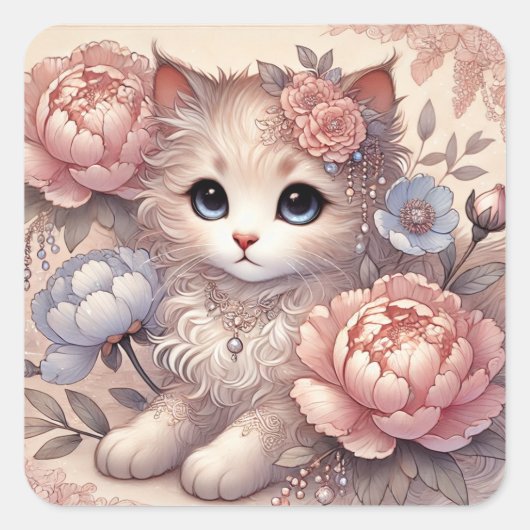 Mooie Peony Princess Cat Vierkante Sticker (Voorkant)