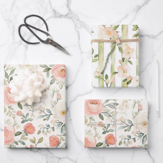 Mooie Perzik Blush Roze Bloemige Bruiloftsdouche Inpakpapier Vel (Voorkant)