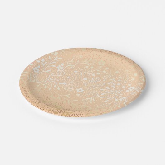 Mooie perzik en gouden bloem elegante bruiloft papieren bordje (Gekanteld)