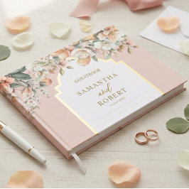 Mooie Perzik- en Gouden Bloemen Bruiloft Gastenboek