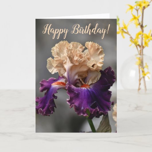 Mooie perzik en Paarse iris verjaardag Kaart (Gele Bloem)