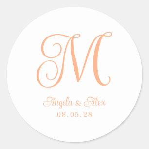 Mooie Perzik Krul Bruiloft Monogram Ronde Sticker