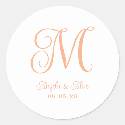 Mooie Perzik Krul Bruiloft Monogram Ronde Sticker (Voorkant)