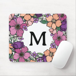 Mooie Perzik Paarse Roze Bloemen Monogram Muismat