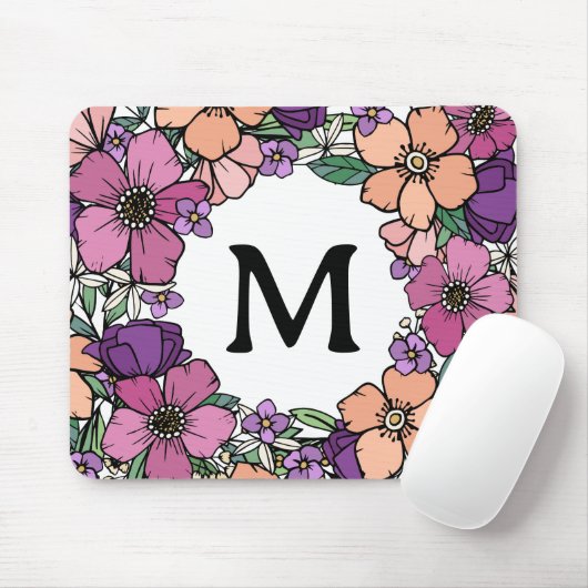 Mooie Perzik Paarse Roze Bloemen Monogram Muismat (Met muis)