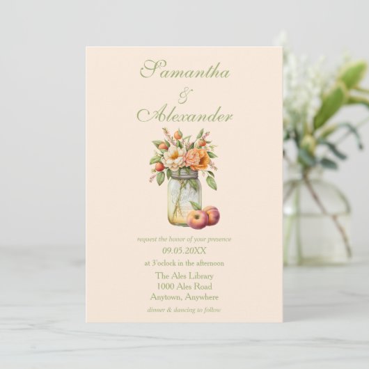 Mooie perzik thema Mason Jar bruiloft Kaart (Staand voorkant)