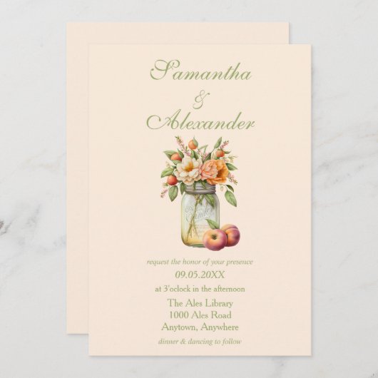 Mooie perzik thema Mason Jar bruiloft Kaart (Voorkant / Achterkant)