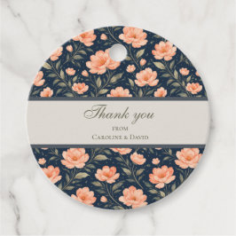 Mooie perzikbloesems op marineblauw bedankjes labels